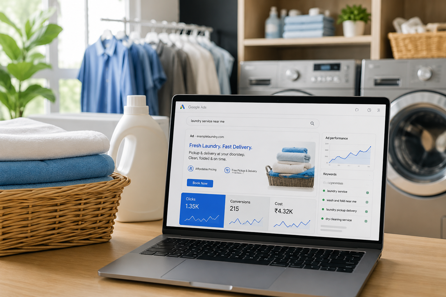 Grow your laundry business with Google Ads for Laundry services. Reach local customers, increase bookings, and generate more pickup and delivery orders.
