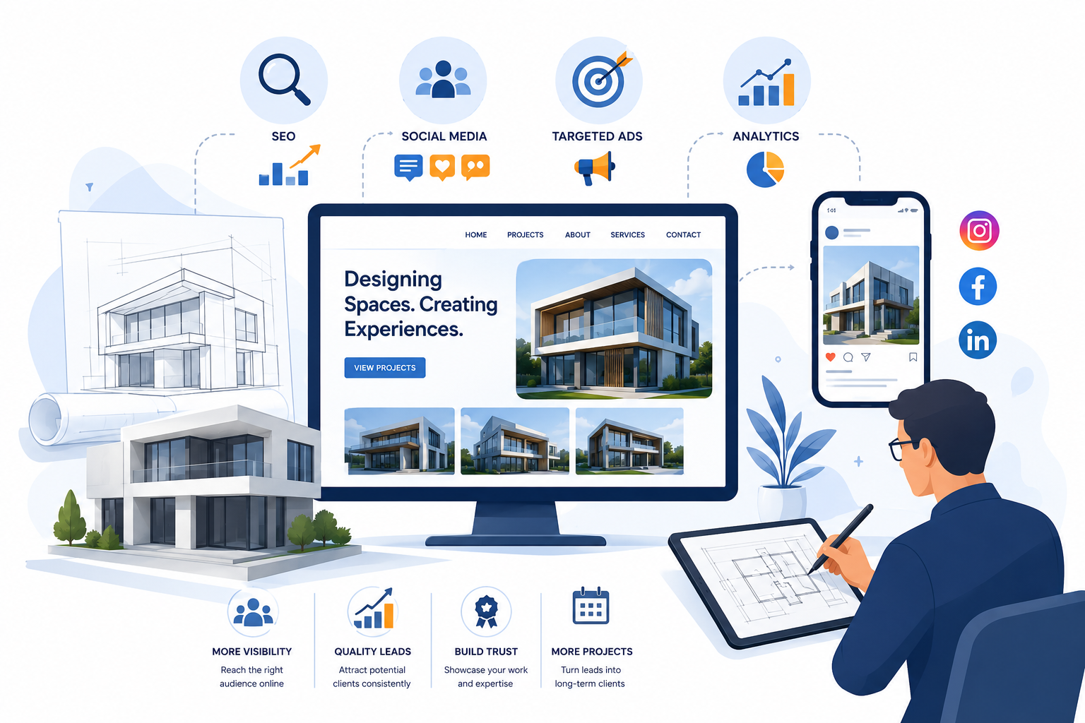 This comprehensive guide is your blueprint for navigating this new landscape. We will deconstruct the essential components of a powerful digital marketing strategy specifically for architecture firms and explain how a Digital Marketing Agency for Architects can help firms achieve sustainable online growth. From laying a rock-solid digital foundation with a compelling website to mastering visibility on search engines, engaging high-value clients through social media, and measuring the real-world impact of your efforts, every aspect plays a crucial role in success. Whether you’re a boutique firm in a bustling city in India or an established practice looking to expand your reach, this guide will equip you with the knowledge to not just exist online, but to architect a dominant and profitable digital presence with the support of a trusted Digital Marketing Agency for Architects.